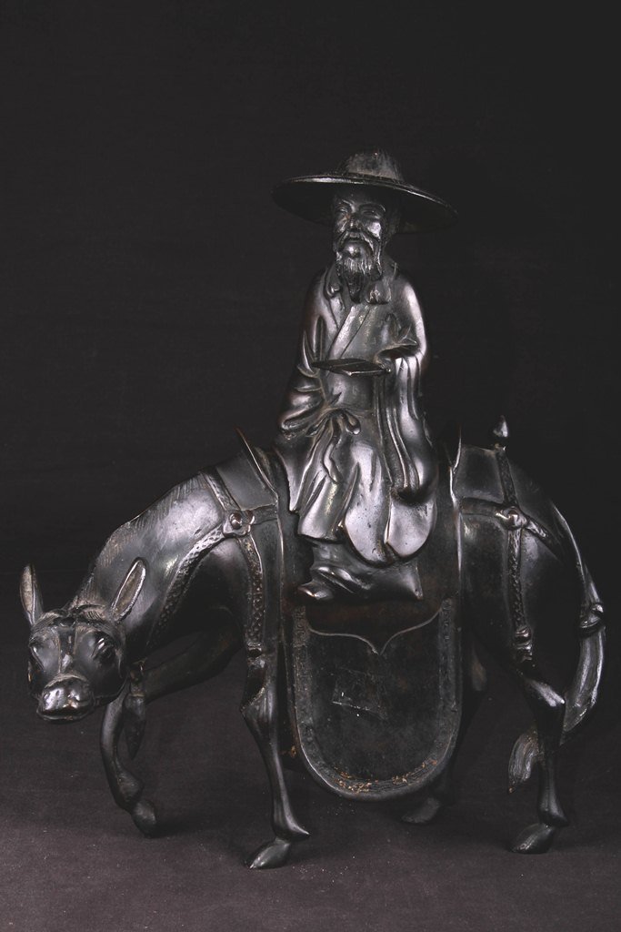 Bronze: CHINESE BRONZE ORNAMENT OF RISHI RIDING ON A DONKEY L:11" W:5" H:15.5"浏览高清图片请登录