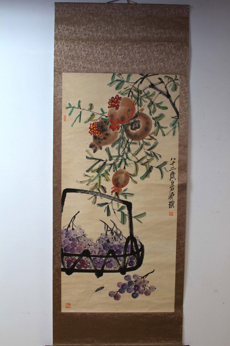 fine art: CHINESE QIBAISHI INSCRIBED WATER COLOR PAINTING SCROLL OF POMEGRANATES W:24.75" H:52"浏览高清图片请登录