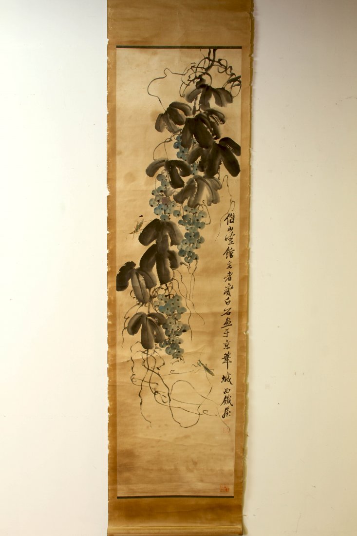 Fine Art: CHINESE QIBAISHI MARKED WATER COLOR PAINTING OF INSECTS, FLOWERS AND PLANTS W:19" H:70"浏览高清图片请登录