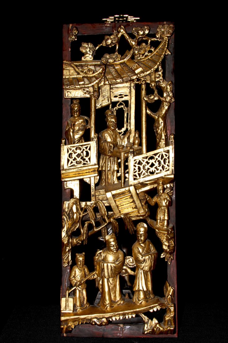 CHINESE 19TH TO 20TH CENTURY CARVED WOOD WINDOW: CHINESE 19TH TO 20TH CENTURY CARVED WOOD WINDOW GRILLE ORNAMENT OF GILT FIGURES AND PAVILION W:8" H:21"