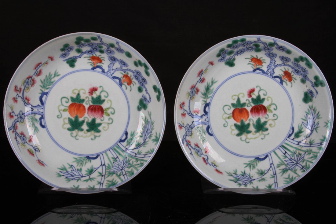 [CHINESE] PAIR OF MID 19TH CENTURY: [CHINESE] PAIR OF MID 19TH CENTURY "DAQINGJIAQINGNIANZHI" MARKED DOU GLAZED PLATES PAINTED WITH PLUM TREE, BAMBOO, PINE TREES AND FROZEN PERSIMMON W:8" H:1.5"精美十九世&#