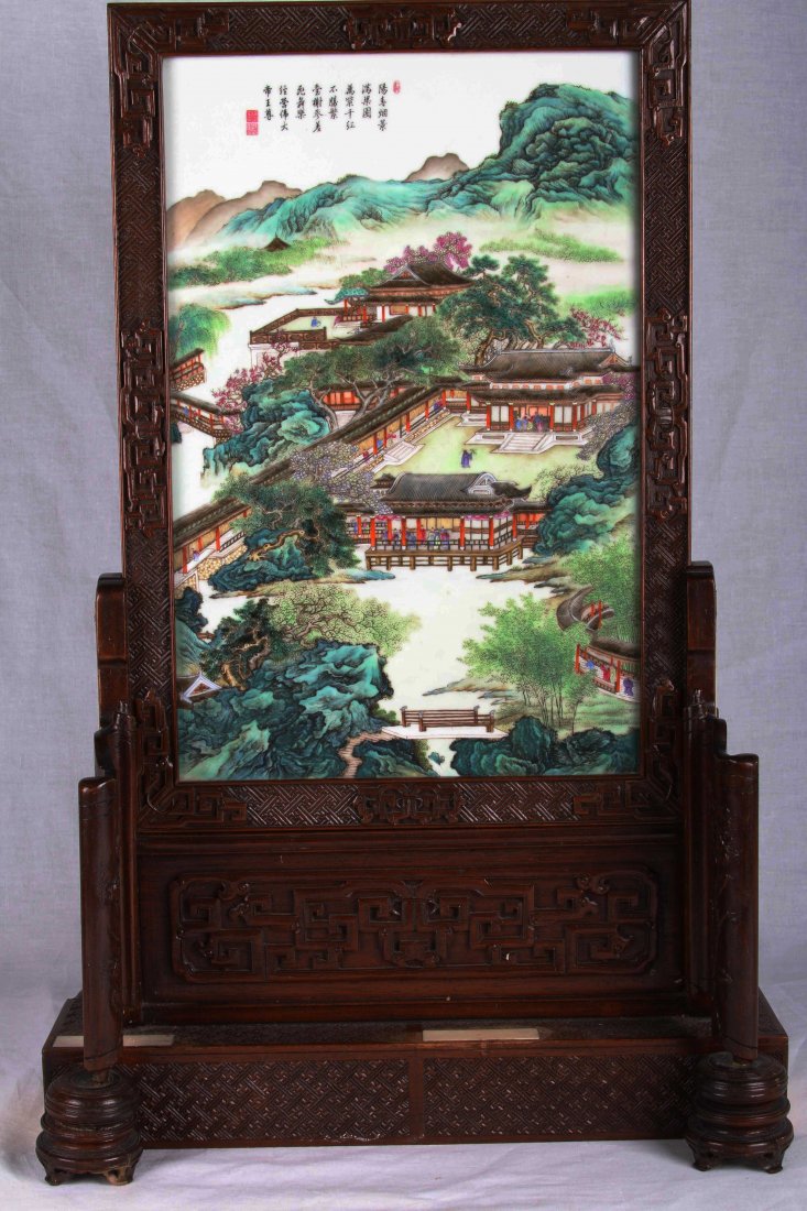[CHINESE] EARLY 20TH CENTURY FAMILLE ROSE PROCELAIN: 二十世纪早期粉彩山水庭院瓷板插屏[CHINESE] EARLY 20TH CENTURY FAMILLE ROSE PROCELAIN SCREEN PAINTED WITH 