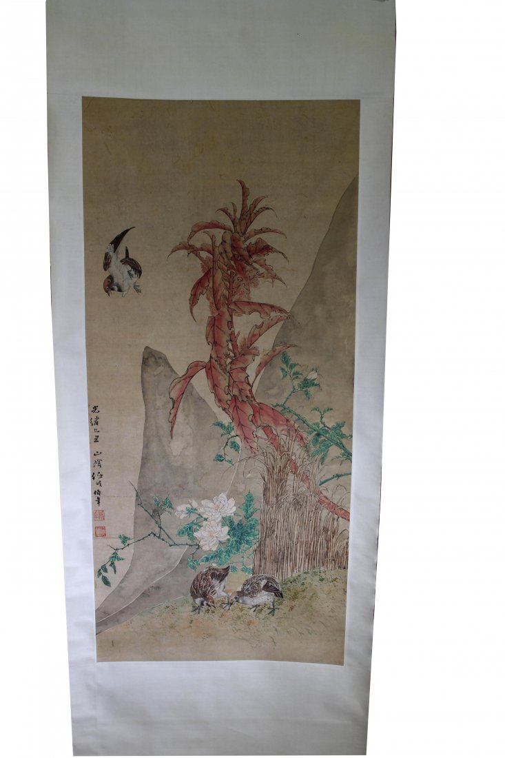 [CHINESE]A "REN BO NIAN"MARKED CHINESE PAINTING OF: [CHINESE]A "REN BO NIAN"MARKED CHINESE PAINTING OF FLOWERS AND BIRDS W:18.75" H:41.5"任伯年花鸟纸本设色工笔