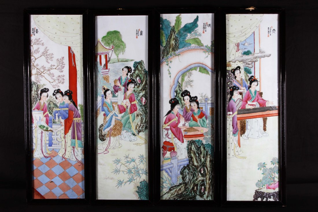 [CHINESE]A LATE 19TH CENTURY FAMILLE ROSE PORCELAIN: [CHINESE]A LATE 19TH CENTURY FAMILLE ROSE PORCELAIN SCREEN WITH WOOD FRAME (4 PIECES) PAINTED WITH LADIES L:31.5" W:10"十九世纪后”琴棋书画&#