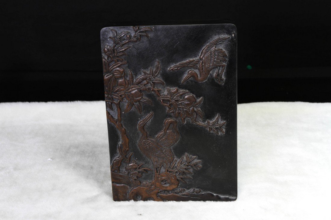 [CHINESE]A INK STONE CARVED WITH CRANE AND PEACH L:7.5" (1 of 4)