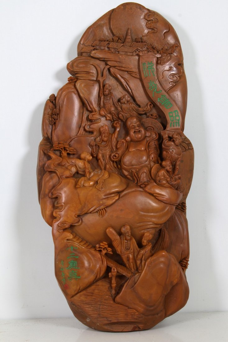 [CHINESE]A LATE 19TH CENTURY SHOUSHAN STONE CARVED: [CHINESE]A LATE 19TH CENTURY SHOUSHAN STONE CARVED ORNAMENT W:6" H:14"十九世纪后寿山石雕佛陀说法图摆件