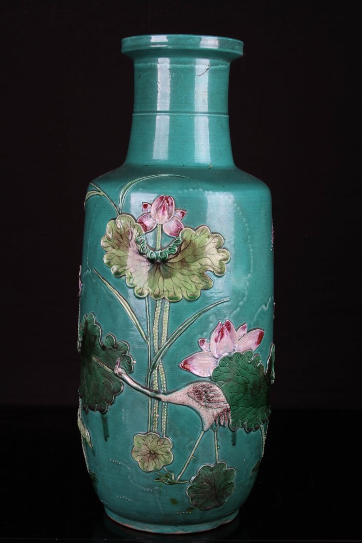 [CHINESE]A "WANG BING RONG ZHI"MARKED FAMILLE ROSE VASE: [CHINESE]A "WANG BING RONG ZHI"MARKED FAMILLE ROSE VASE CARVED WITH LOTUS AND BIRDS W:7" H:19"王炳荣制款绿地粉彩贴塑棒槌&#