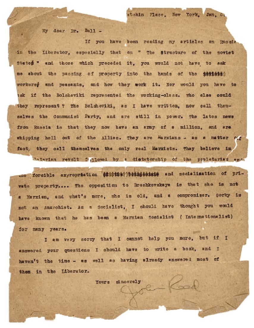 Communist JOHN SILAS REED Typed Letter Signed (1 of 2)