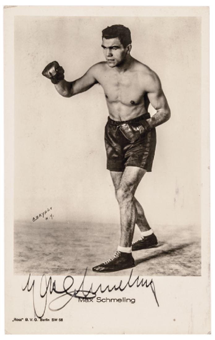 MAX SCHMELING Photographic Postcard Signed: Autographs Max Schmeling Heavyweight Champ Autograph Postcard MAXIMILLIAN ADOLPH OTTO SIEGFRIED "MAX" SCHMELING (1905-2005). Heavyweight Boxing Champion of the World between 1930 and 1932, his two fig