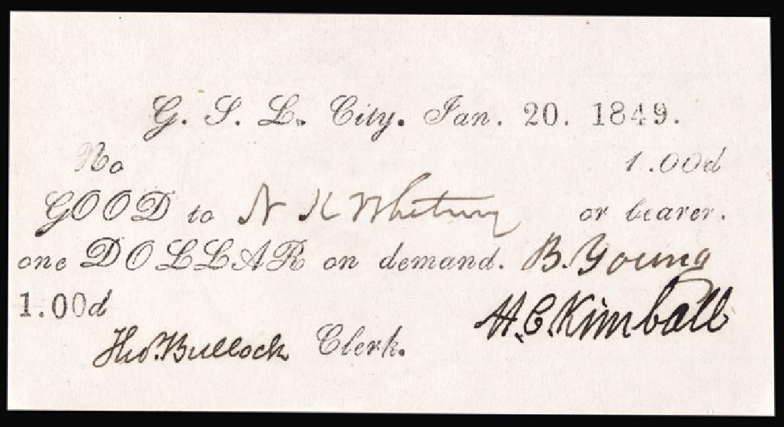 BRIGHAM YOUNG Signed 1849 G.S.L.C Mormon $1 Note (1 of 4)