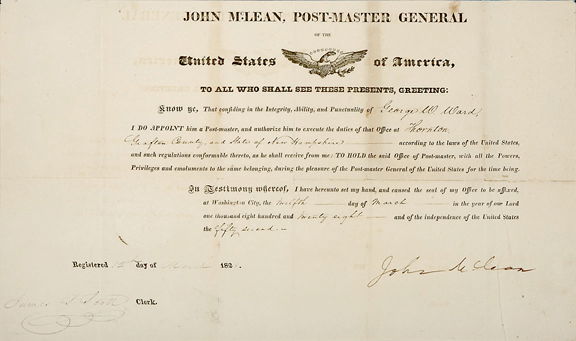Dred Scott Dissenter John McLean Signed Doc.: AutographsDocument Signed by "John McLean," Dissenter in Dred Scott Case JOHN McLEAN, U.S. Supreme Court Justice, Wrote Dissenting Opinion in Dred Scott Case. Partially Printed Document Signed, "John