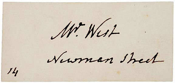 BENJAMIN WEST Visiting Card Signed: AutographsArtist Benjamin West’s Visiting Card BENJAMIN WEST, British Portrait Painter, Founder and President of the Royal Academy. Visiting Card Signed, “Mr. West, Newman Street,” w