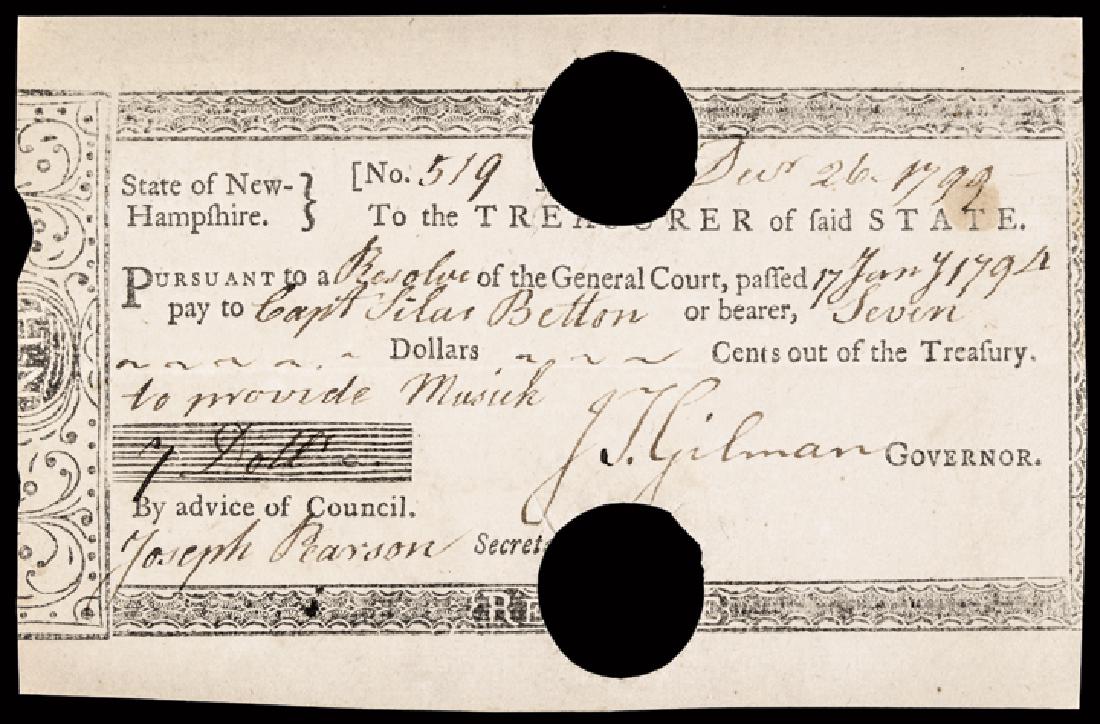 Colonial Currency, NH, 1799, $7 Treasury Note: Autographs 1799 New Hampshire Treasury Revenue Form Not Listed in Anderson with Payment Issued “To Provide Musick” JOHN TAYLOR GILMAN (1753-1828). Represented New Hampshire in the Continental Cong