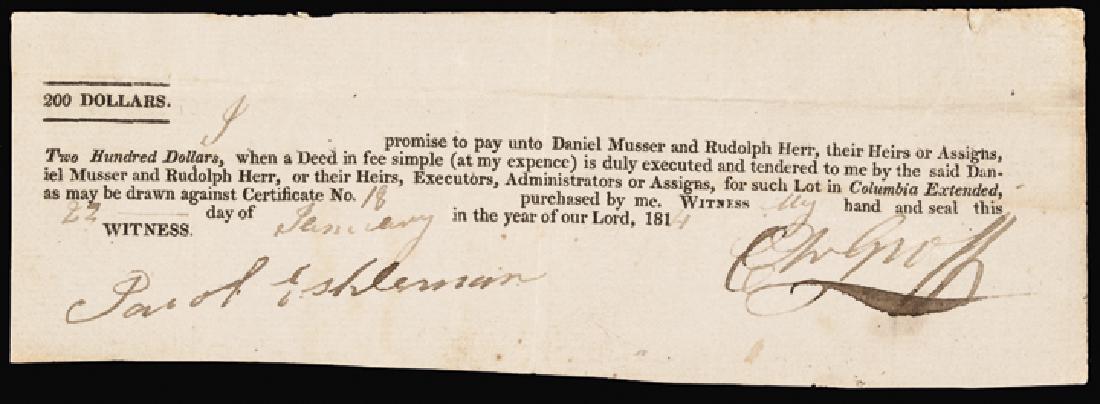 1814 LAND Lottery Ticket $200 For a Property Lot: War of 1812 1814-Dated $200 “LAND” Extremely Rare Lottery Ticket Columbia (PA.). January 27, 1814 (War of 1812 Era). $200. Land Lottery Ticket for Winning a Property Lot. Partially-Printed Date. C