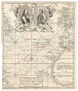 1740 Ornate Copperplate Engraved Portrait Map: Historic Maps 1740 Ornate Copperplate Engraved Map with Portraits of British Admirals “Robert Blake” & “Edward Vernon, Esq.” 1740-Dated, Copperplate Engraved Map titled “A New Map or Chart o