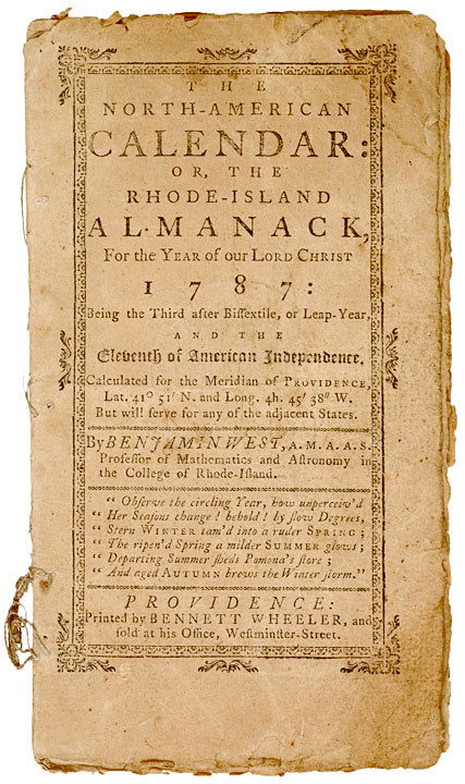 1787 Rhode Island Almanac - Eclipse Wood Cut: Colonial America1787 Rhode Island Almanac Featuring a Lovely “Eclipse” Wood Cut 1787 “The North-American Calendar or, The Rhode-Island Almanack,” Published by Benjamin West, Pr