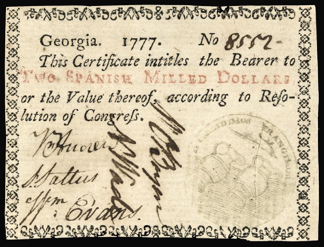 Colonial Currency 1777 GA. $2 Jugs PCGS AU-55: Georgia Currency Rare 1777 Georgia Two Dollars Green Seal “Floating Jugs” PCGS Choice About New-55 Ex: John Ford - F.C.C. Boyd Georgia. 1777. Two Spanish Milled Dollars. Green Seal “Floating Jug
