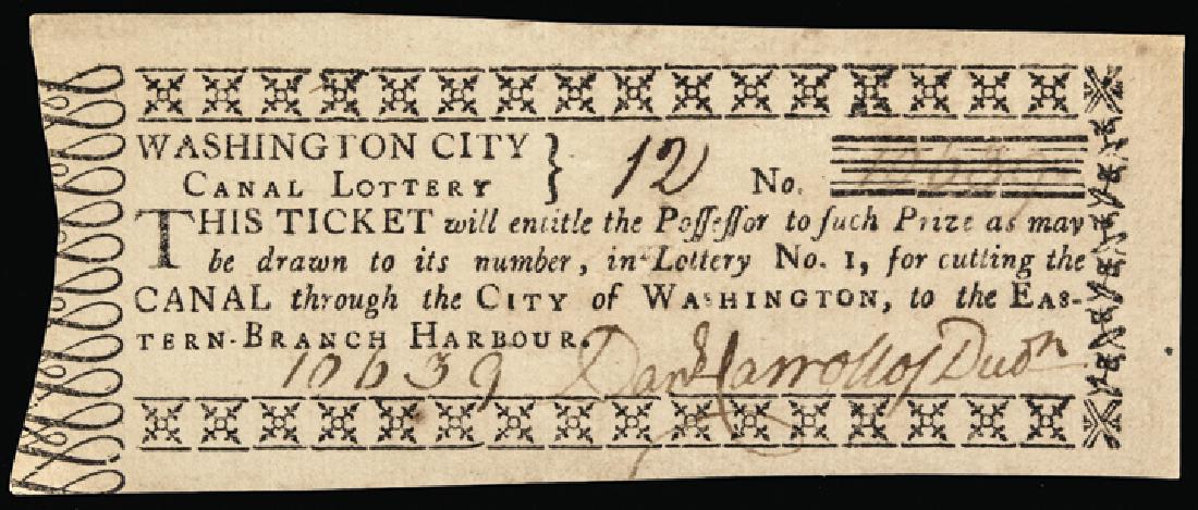 c. 1790 Washington City Canal Lottery Ticket: Colonial Lottery “Washington City Canal Lottery” Ticket Signed & Issued c. 1790 Federal Period. City of Washington, D.C., “Washington City Canal Lottery” Ticket. Crisp About Uncirculated. An o