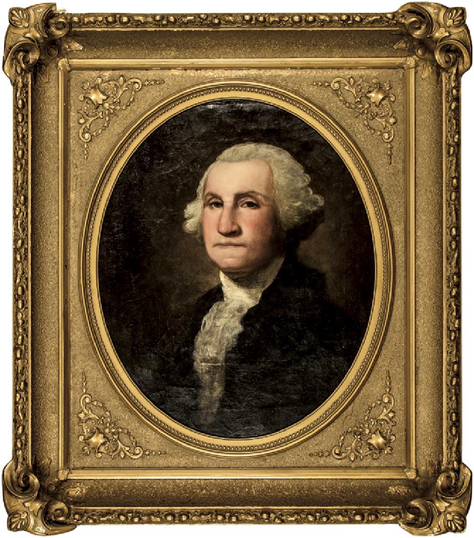 PRESIDENT GEORGE WASHINGTON Oil Painted Portrait: Federal Period President George Washington Original Oil Painted Portrait c. 1860s, President George Washington Portrait Oil Painting on Canvas, After Gilbert Stuart, Attributed to portrait artist Unio