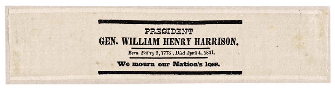 1841 William Harrison Horizontal Mourning Ribbon: Post-Revolutionary War to Civil War 1841 President William Henry Harrison Mourning Silk Ribbon in a Rare Horizontal Printed Typeset Text Format 1841 President William Henry Harrison “Mourning” Sil