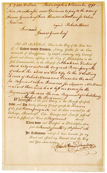 ROBERT MORRIS, Signed Promissory Note: AutographsRobert Morris Signed Promissory Note ROBERT MORRIS, Signer of the Declaration of Independence. Partially Printed Document Signed, “Robt Morris” in brown ink on laid-paper, Decemb