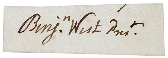 British Painter BENJAMIN WEST Signature: AutographsBENJAMIN WEST, British Portrait Painter, Founder and President of the Royal Academy. Clipped Signature “Benjn. West Prest.” as president of England’s Royal Academy, no date