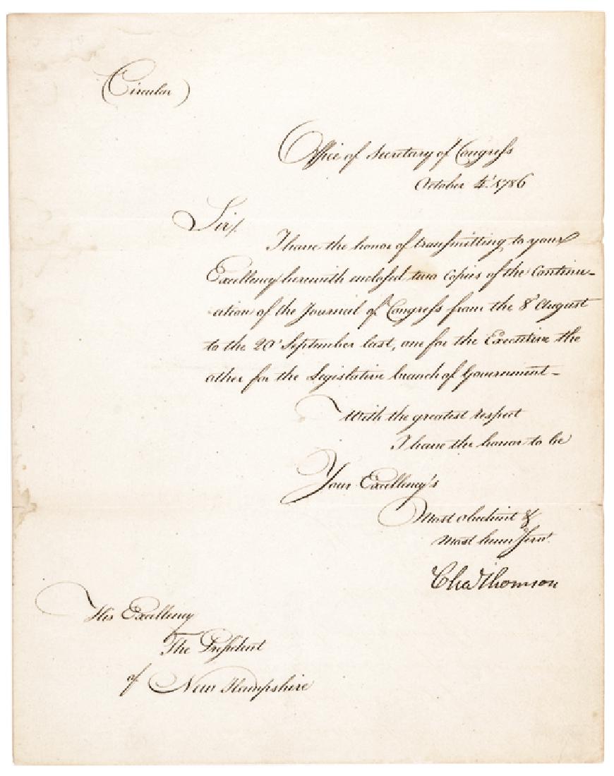 1786 CHARLES THOMSON Signed Continental Congress: Autographs Charles Thomson Signed Congressional Circular Document to “His Excellency The President of New Hampshire” 1786 CHARLES THOMSON (1729-1824). Irish born American Patriot Leader in Philade