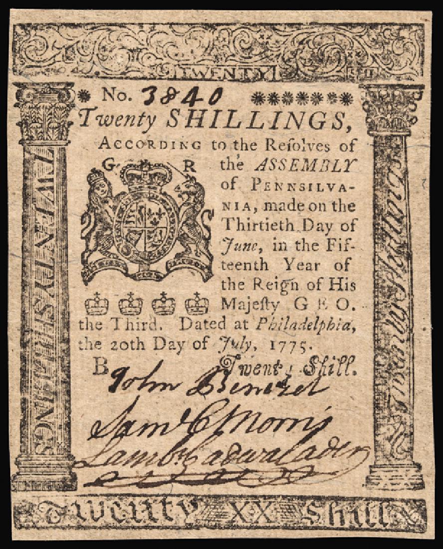 Colonial Currency, PA, July 20, 1775 20s GEM UNC (1 of 2)