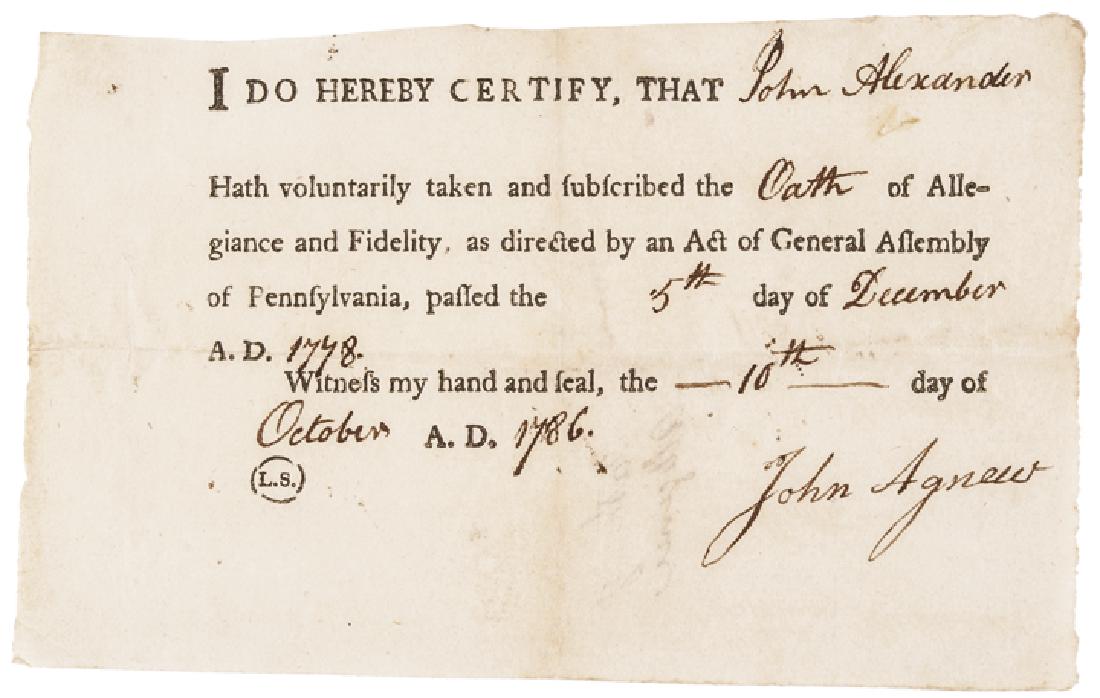 Revolutionary War Oath of Allegiance Document: American Revolution “Oath of Allegiance” By PA. Soldier “John Alexander” October 10, 1786-Dated Post Revolutionary War, Partially-Printed Document Signed, “John Agnew” as Judge, Oath of Al