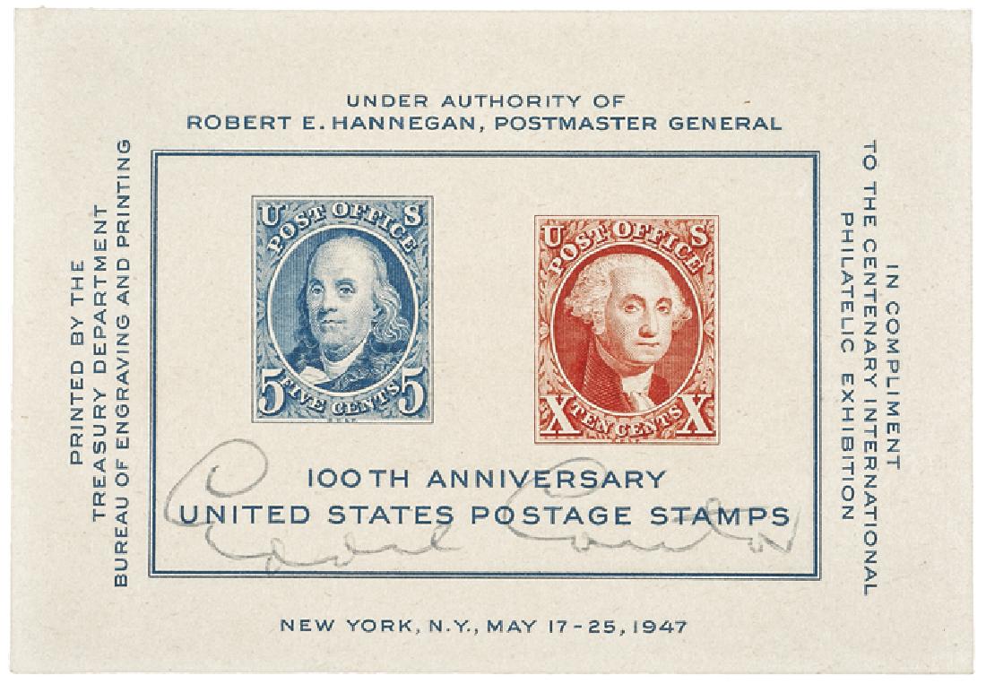 EDDIE CANTOR & PETER LIND HAYES Signed Stamps: Autographs EDDIE CANTOR & PETER LIND HAYES Entertainers. Commemorative Philatelic Sheets Signed, “Eddie Cantor” and “Peter Lind Hayes” on May, 1947 sheets celebrating the “100th Anniversary