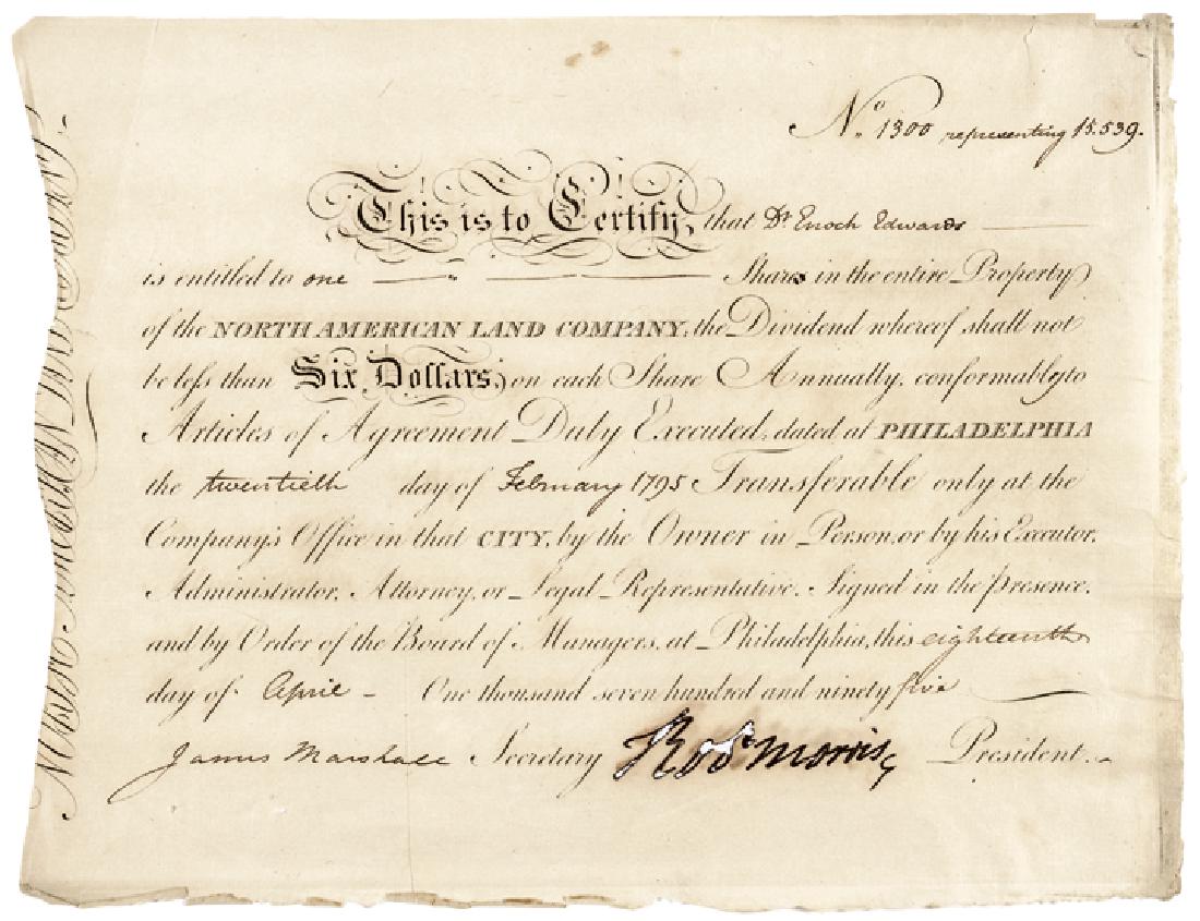 1795 Signer ROBERT MORRIS Stock Certificate: Autographs Robert Morris Signer of the Declaration of Independence, the Articles of Confederation & US Constitution ROBERT MORRIS (1734-1806). Signer of the Declaration of Independence, the Articles o