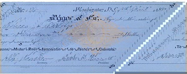 ALEXANDER GARDNER, Civil War Photographer: AutographsVery Rare Autograph of Alexander Gardner ALEXANDER GARDNER (1821-1882), Civil War Photographer. Check signed, “Alex Gardner”, April 9, 1881, Washington, DC, 3”x 7.75”