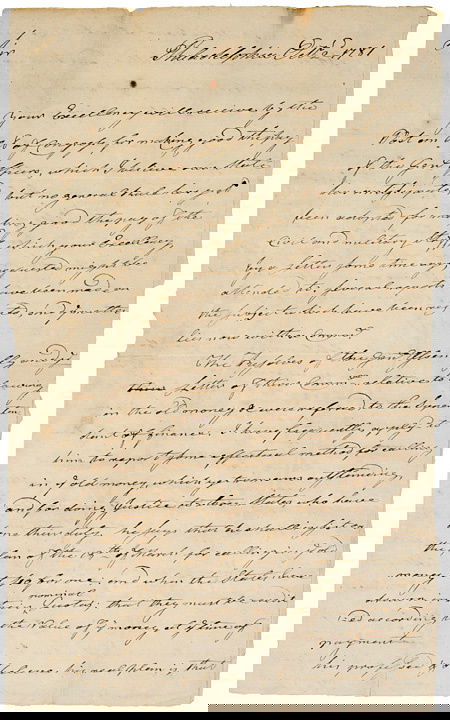 Letter to (JOHN HANCOCK) dated 1781: AutographsA Member Of the Continental Congress Financial Committee and signer of Colonial Currency Writes Of His Private Discussions With Robert Morris On Redeeming Old Currency and of Events in Flori