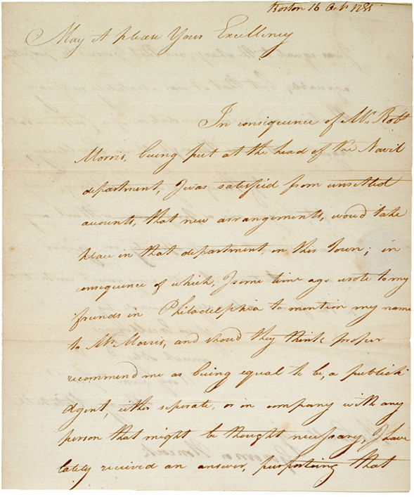 Letter to (JOHN HANCOCK) dated 1781: AutographsHenry Mitchell, Desiring An Appointment as a “Public Agent” to the Naval Department, Seeks John Hancock’s Recommendation To Robert Morris. From John Hancock’s Persona
