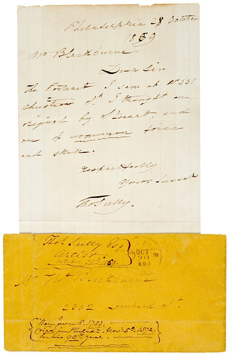 THOMAS SULLY, American Artist, Signed Letter: AutographsPainter Thomas Sully Letter Commenting on a Painting Accomplished by Fellow Famous Artist Stuart Gilbert THOMAS SULLY, American Artist, Signed Letter With Original Envelope. Autograph Letter