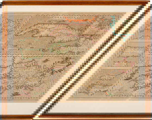 Colored Map of the Caribbean Islands by Mercator: MapsHand-Colored Map of the Caribbean Islands by Mercator c. 1615, CUBA INSULA, by Gerard Mercator, Hand Colored Engraved Copper Plate Printing, Choice Extremely Fine. This impressive, Hand-colored ma