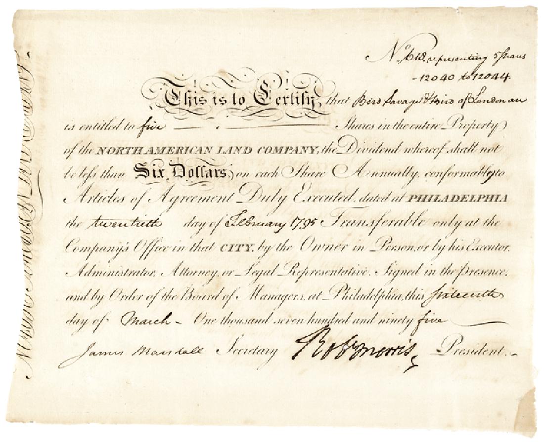 1795 Dec. Signer ROBERT MORRIS Stock Certificate: Autographs Robert Morris Signer of the Declaration of Independence, the Articles of Confederation & United States Constitution ROBERT MORRIS (1734-1806). Signer of the Declaration of Independence, the