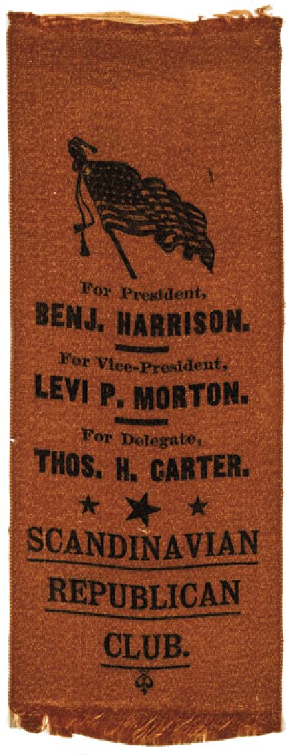1888 William Harrison Presidential Campaign Silk: Political 1888 William H Harrison Presidential Campaign Silk Ribbon c. 1888 William H. Harrison Presidential Campaign Silk Ribbon, with a waving American Flag Design, Choice Near Mint. c. 1888 William