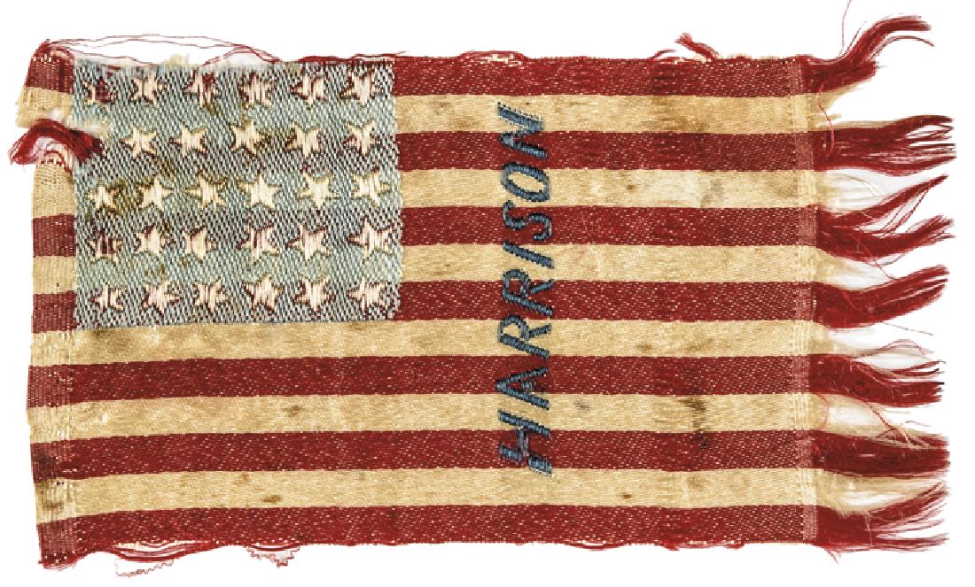 1888 William Harrison Presidential Campaign Silk: Political 1888 William H Harrison Presidential Campaign Silk Ribbon (1888) William H. Harrison Presidential Campaign 30-Stars American Flag Design Silk Ribbon, with text “Harrison,” Fine. (1888) W