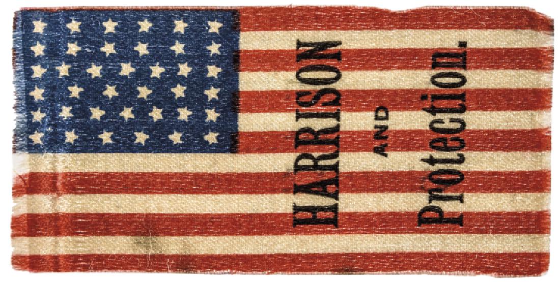 1888 William Harrison Presidential Campaign Silk: Political 1888 William H. Harrison Presidential Campaign 38-Star American Flag Silk Ribbon with “Harrison and Protection.” (1888) William H. Harrison Presidential Campaign Silk Ribbon, Printed on