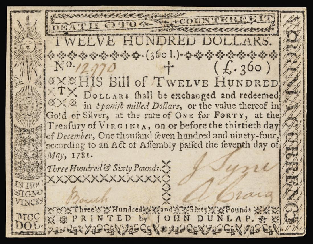 Colonial Currency, VA. May 7, 1781. $1,200 AU-50 (1 of 6)