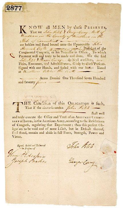JOHN FITCH, Signature on a Debtor Bond, 1777
