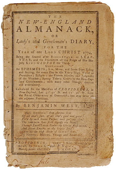 The New-England ALMANACK, 1774, Benjamin West: Colonial AmericaPre-Revolutionary War 1774 The New-England Almanack 1774 The New-England Almanack, or Lady’s and Gentleman’s Diary, About Fine. 7” x 4.5”, 16 pages. The Alaman