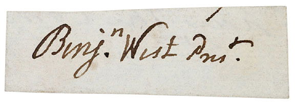 British Painter BENJAMIN WEST Signature: AutographsBENJAMIN WEST, British Portrait Painter, Founder and President of the Royal Academy. Clipped Signature “Benjn. West Prest.” as president of England’s Royal Academy, no date