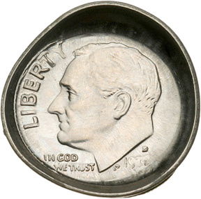 197?-D Roosevelt Dime, Cupped Strike Error Ch. BU: Error CoinsWeird Double Reverse Roosevelt Dime Error 197?-D Roosevelt Dime, Cupped Strike Error, Choice BU. The obverse of this error dime is strange, but the reverse is downright weird. Apparently th