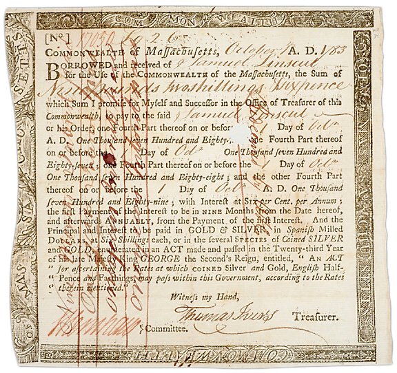 1783 Massachusetts 9 Pound 2 Shill. 6 Pence Bond