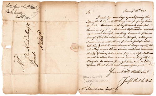 1783 Col. JOSEPH HART Letter to John Nicholson: American Revolution Colonel JOSEPH HART Writes to John Nicholson Comptroller General at Philadelphia on Fiscal Accounting June 24th, 1783-Dated Revolutionary War Autograph Letter Signed, “Joseph