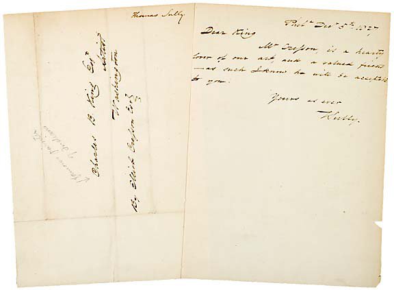 Thomas Sully Signed Letter 1827: Autographs“...A Hearty Lover of Our Art...” THOMAS SULLY, American Artist. Autograph Letter Signed, “T Sully,” in brown ink, December 5, 1827, Philadelphia, PA, 2 pages, 8&rdqu