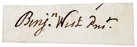 British Painter Benjamin West Signature: AutographsBENJAMIN WEST, British Portrait Painter, Founder and President of the Royal Academy. Clipped Signature “Benjn. West Prest.” as president of England’s Royal Academy, no date