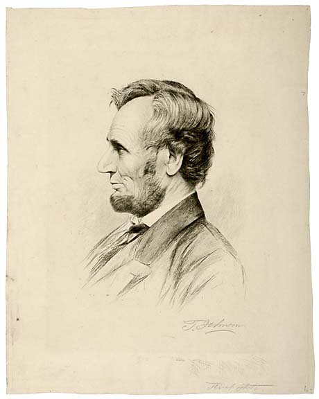 c.1865 Lincoln Engraving by Thomas Johnson: PrintsLifelike Profile Portrait of Lincoln, Signed by Thomas Johnson c. 1865 Engraving of Abraham Lincoln, Signed by the Artist, Thomas Johnson, Choice Extremely Fine. Uncolored engraving of Lincoln&r